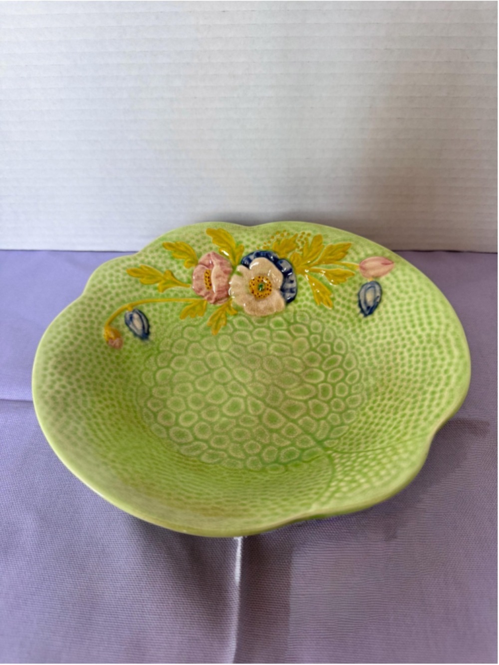 Vintage Melba Ware Floral Serving Bowl | English Pottery Green Basketweave Dish